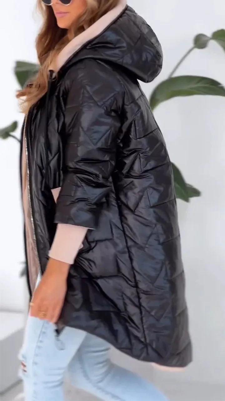 Abrigo de Invierno para Mujer en Color Sólido con Capucha y Cierre de Cremallera para Estilo