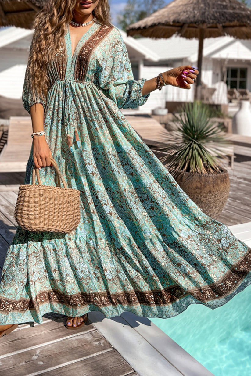 Vestido maxi estilo boho con estampado floral, lazada y diseño de espalda abierta