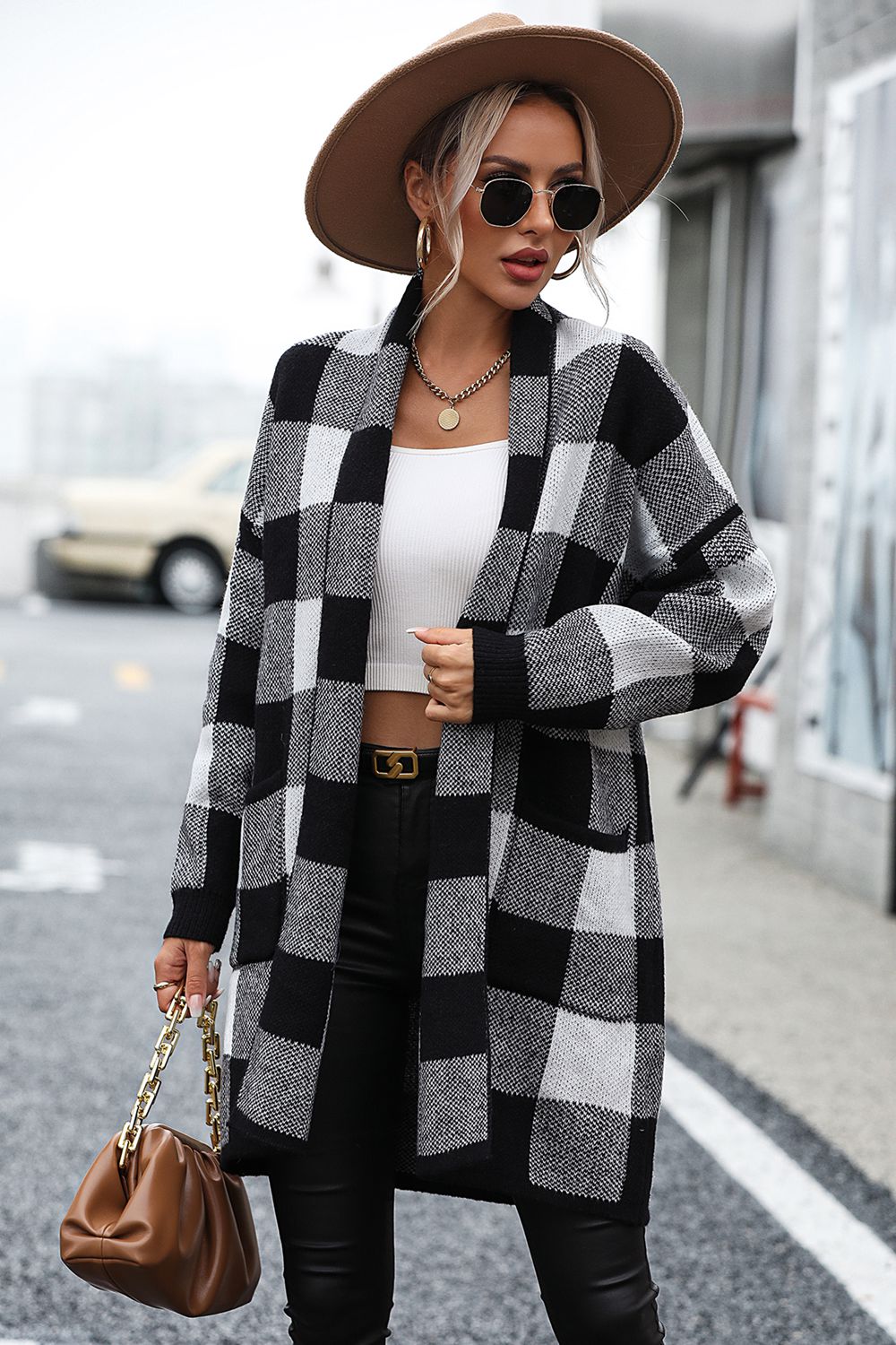 Cardigan de Cuadros con Manga Larga y Bolsillo por Ana
