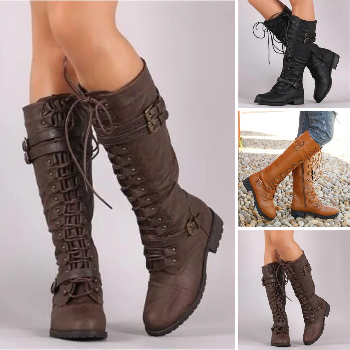 Botas largas femeninas con cordones modernos y detalles de correas
