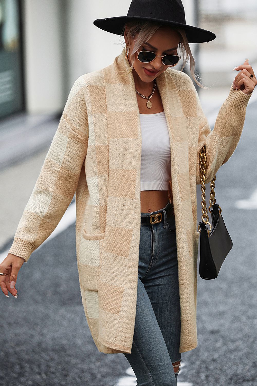 Cardigan de Cuadros con Manga Larga y Bolsillo por Ana