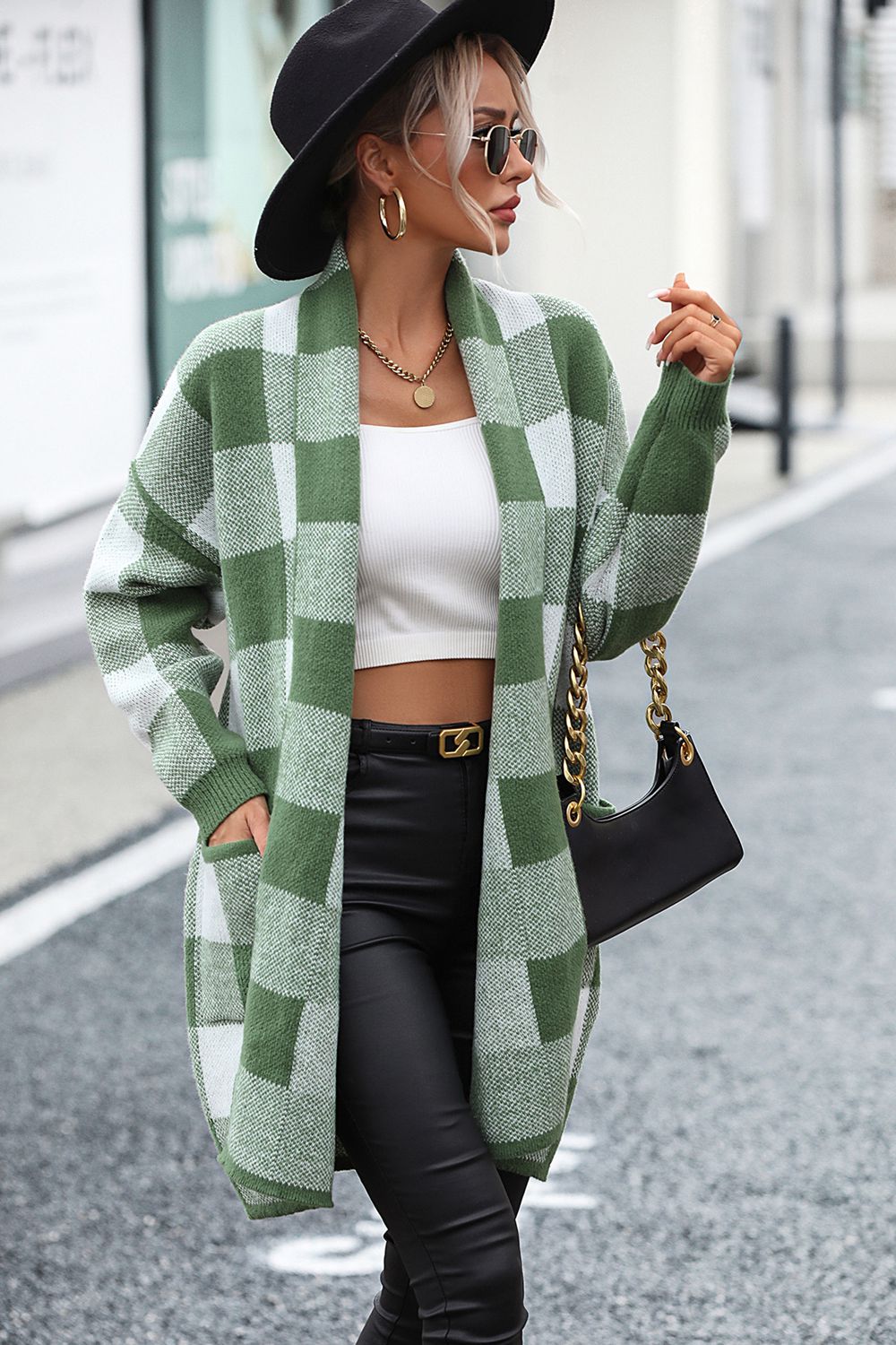 Cardigan de Cuadros con Manga Larga y Bolsillo por Ana