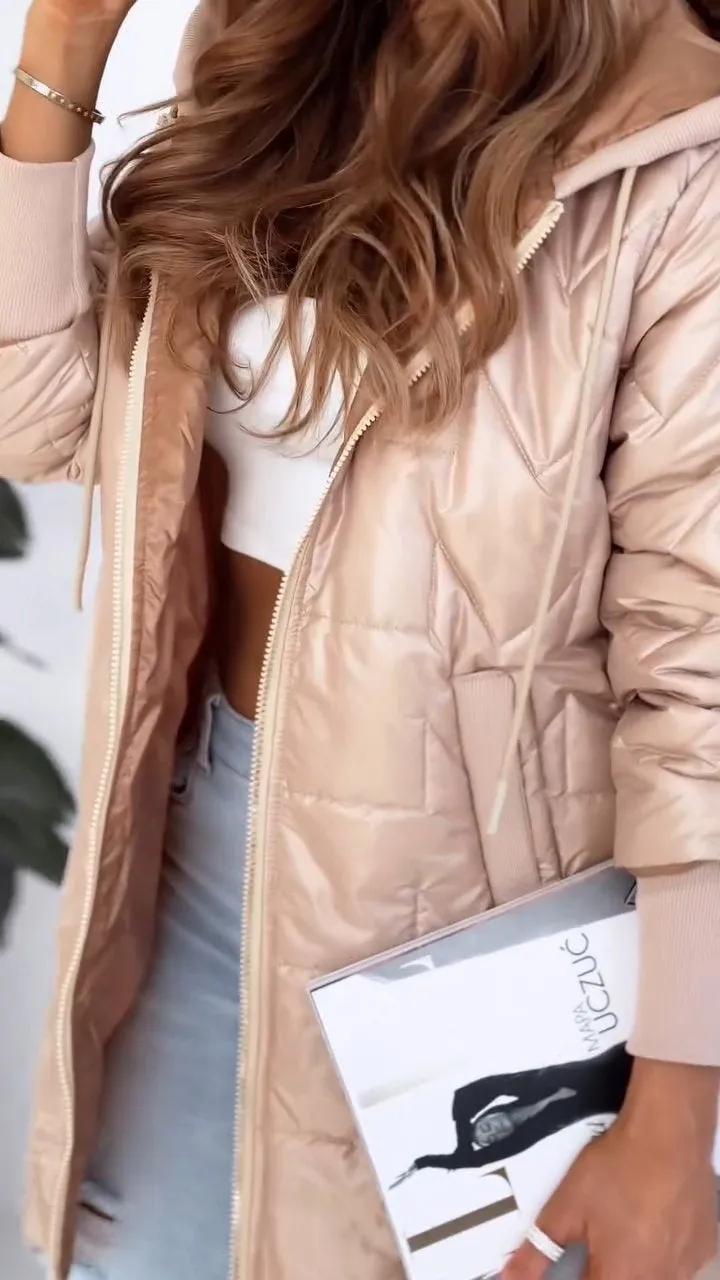 Abrigo de Invierno para Mujer en Color Sólido con Capucha y Cierre de Cremallera para Estilo