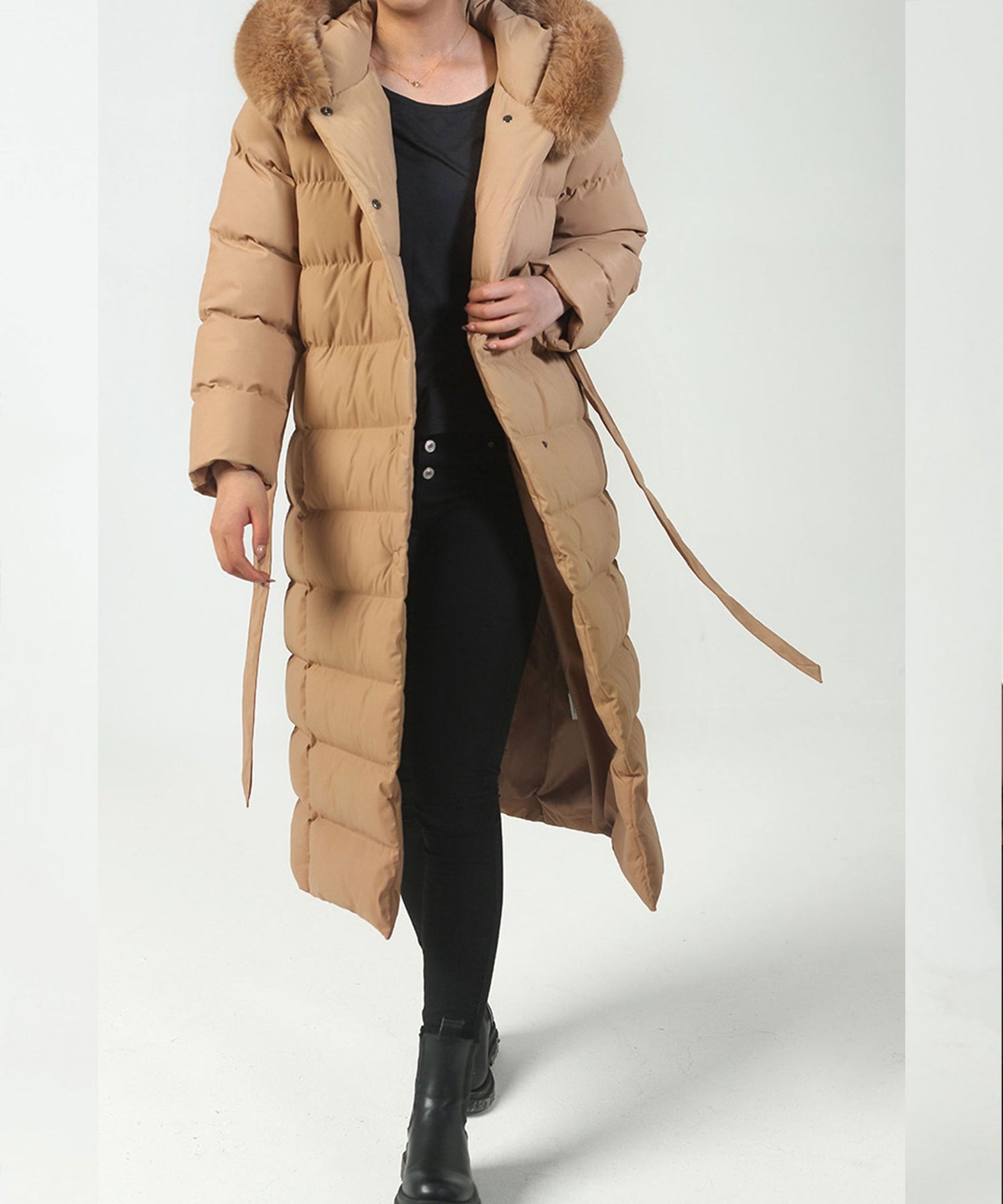 Chaqueta larga de mujer con capucha grande y moderna, cómoda y versátil