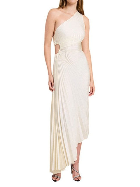 Vestido largo de noche de un solo hombro con detalles plisados
