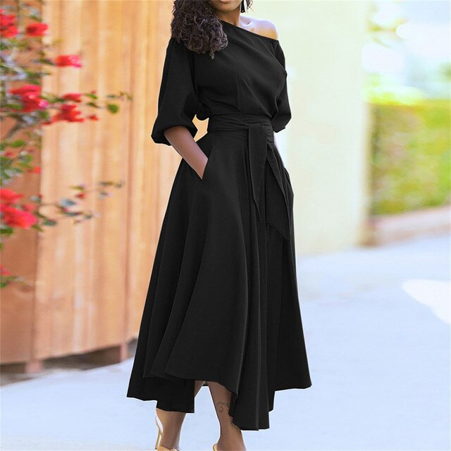 Vestido midi moderno y chic con mangas a la altura del codo y cintura adaptable