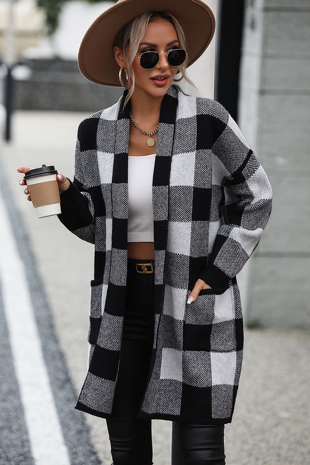 Cardigan de Cuadros con Manga Larga y Bolsillo por Ana