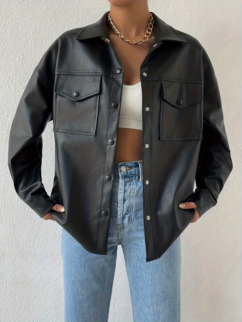 Chaqueta Moto con Botones para Mujer – Estilo Streetwear y Manga Larga