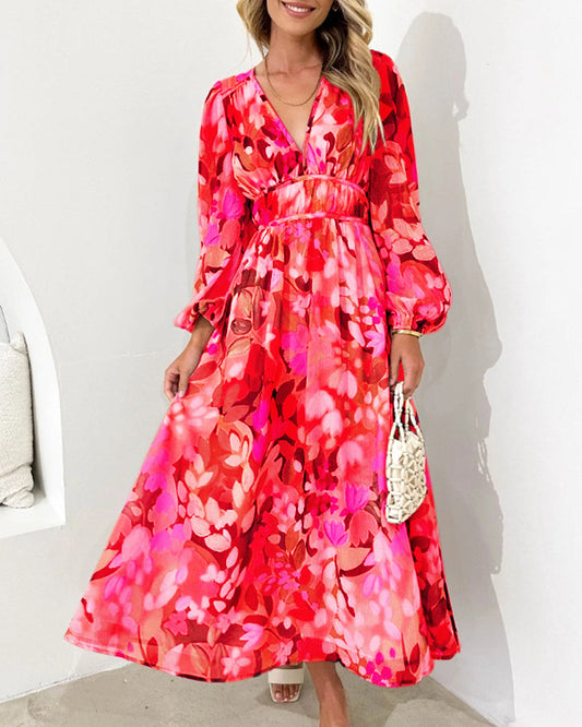 Vestido maxi sofisticado con diseño floral y mangas con volumen