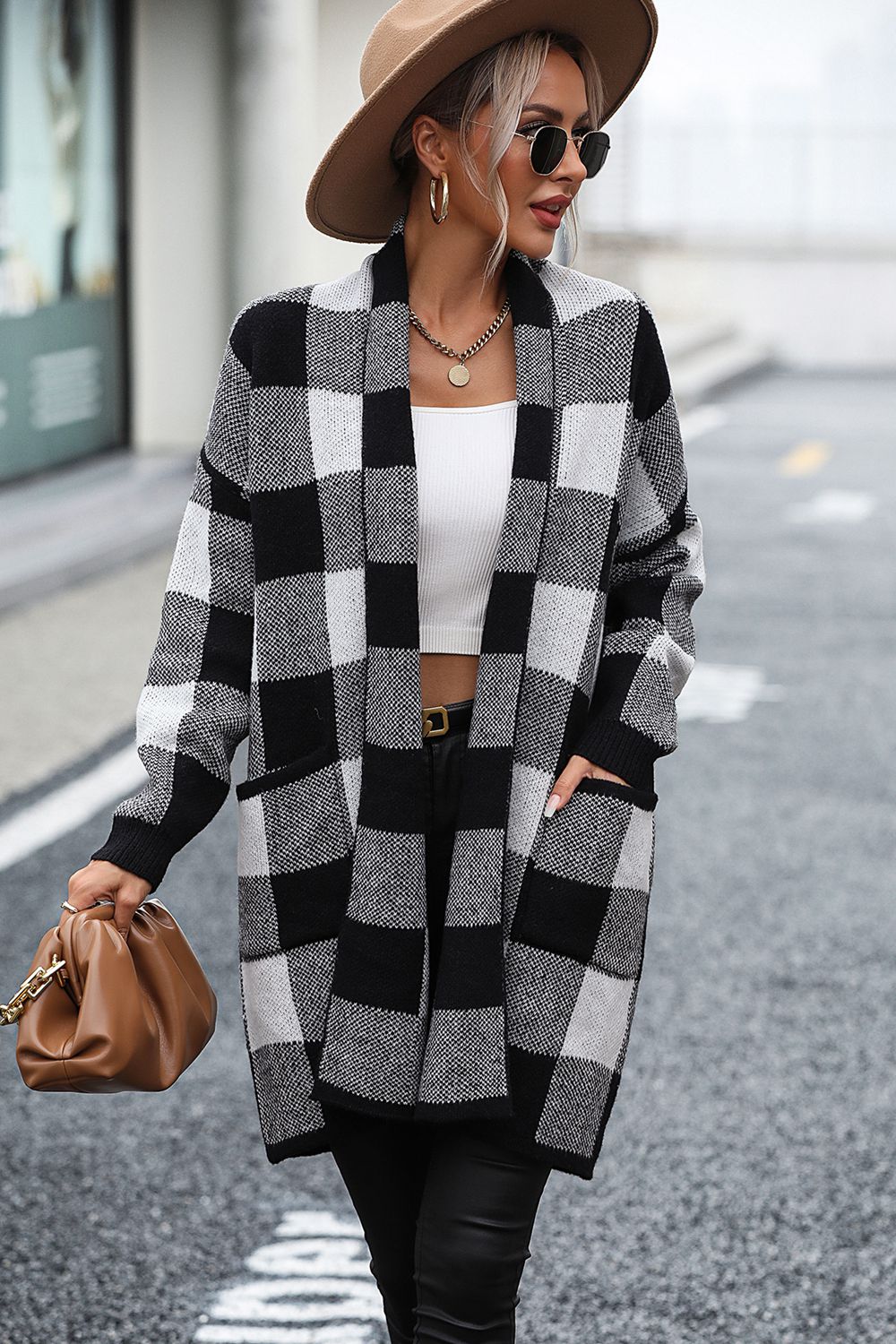 Cardigan de Cuadros con Manga Larga y Bolsillo por Ana