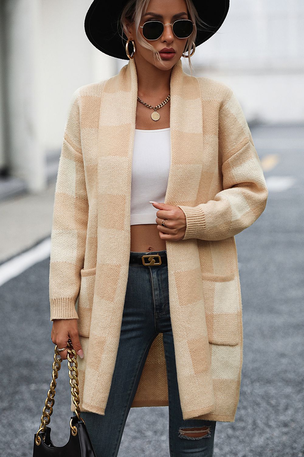 Cardigan de Cuadros con Manga Larga y Bolsillo por Ana