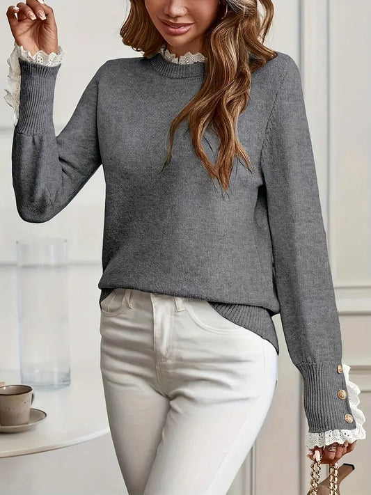 Suéter elegante para mujer con cuello redondo y diseño sofisticado en mangas y cuello