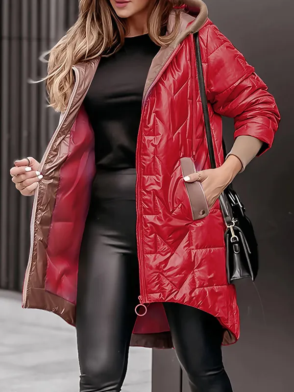 Abrigo de Invierno para Mujer en Color Sólido con Capucha y Cierre de Cremallera para Estilo