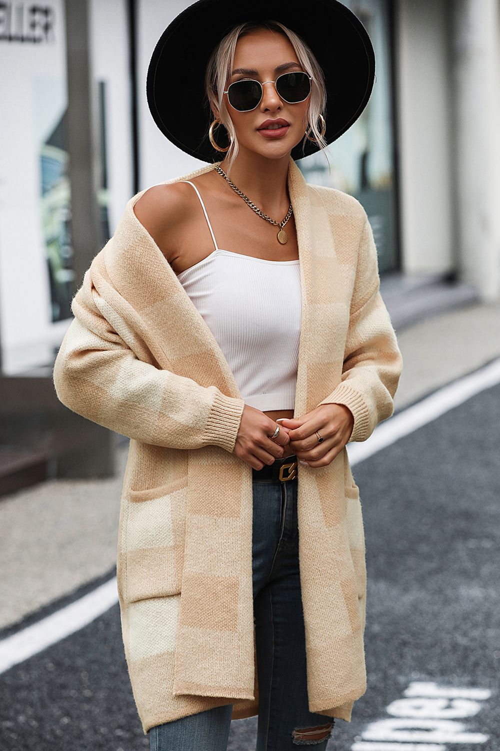 Cardigan de Cuadros con Manga Larga y Bolsillo por Ana