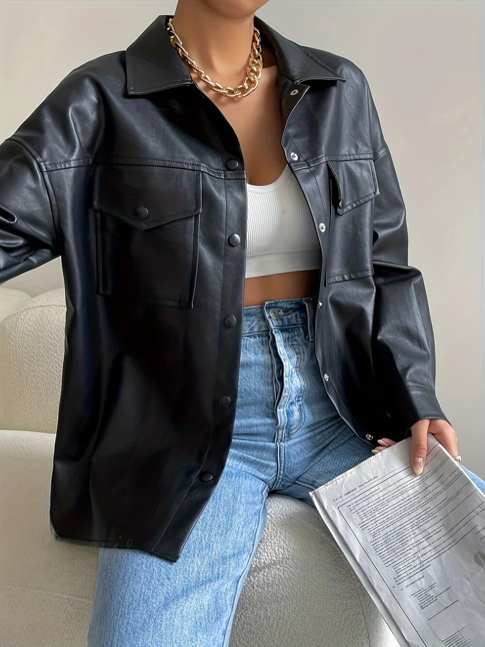 Chaqueta Moto con Botones para Mujer – Estilo Streetwear y Manga Larga