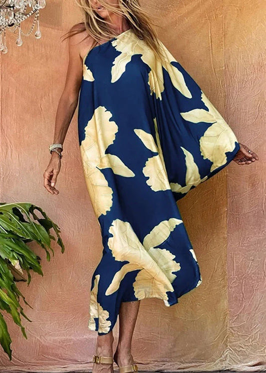 Irina - Chic Azul Asimétrico Un Hombro Estampado Vestidos Manga Larga